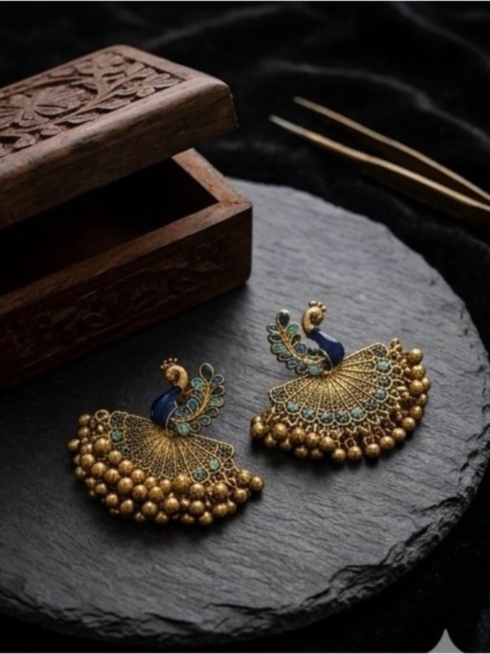 Antique Gold & Blue Peacock Jhumka Earrings - Women Jewelry